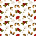 pattern autumn forest doodle mushrooms, cranberries and lingonberries, acorns